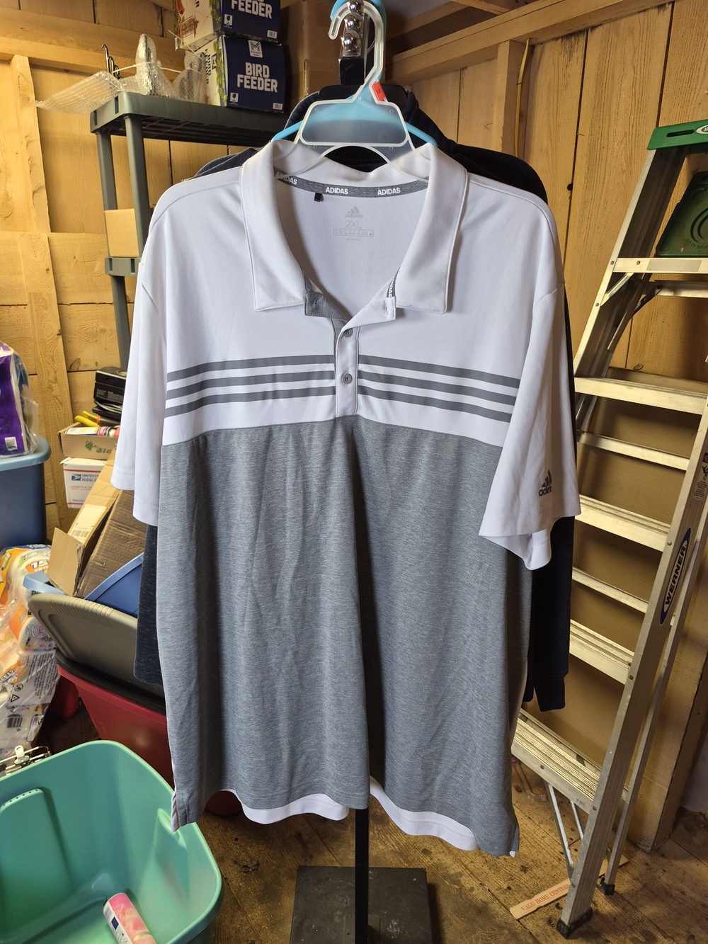 adidas Men’s White and Gray Striped Golf Polo Bin 62